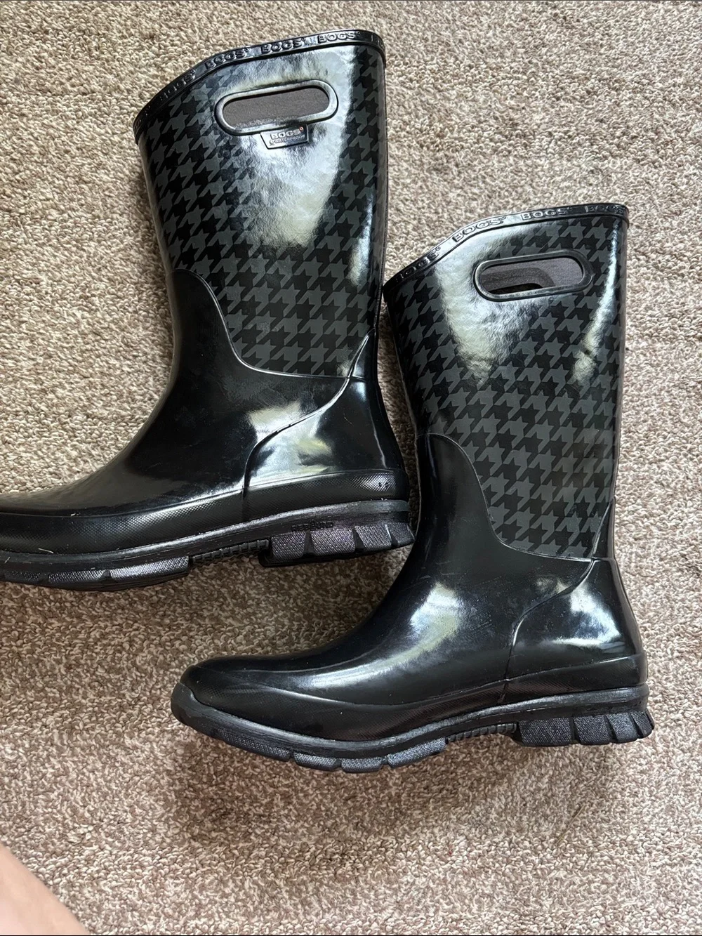 Women’s Bogs Black Gloss Rain Boots with Houndstooth Texture